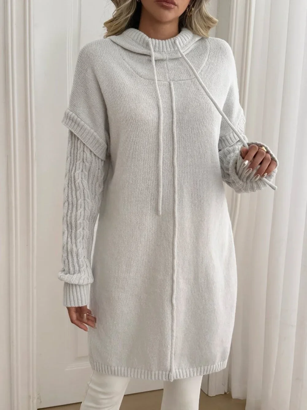 Grey Casual Women's Hooded Cable Knit Patchwork Long Sleeve Mid-Length Sweater